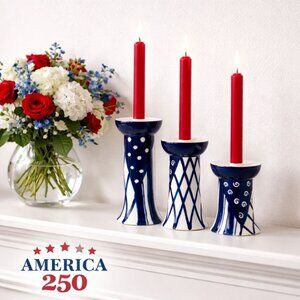 Pacific Rim Ceramic Taper Candle Holders Set 3 Taper Blue White America 250 Deco
